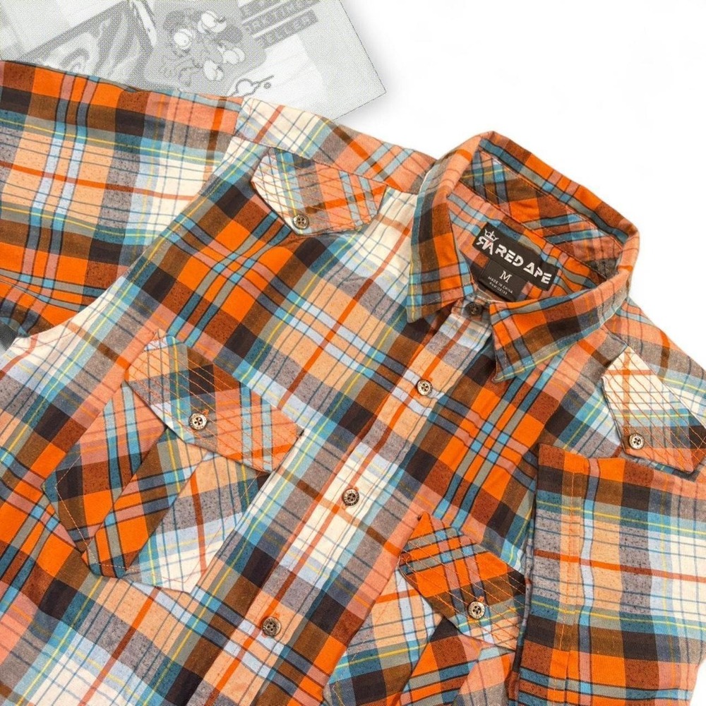 Y2K RedApe Orange & White Striped Plaid Graphic Embroidered Button Up Tee / Polo